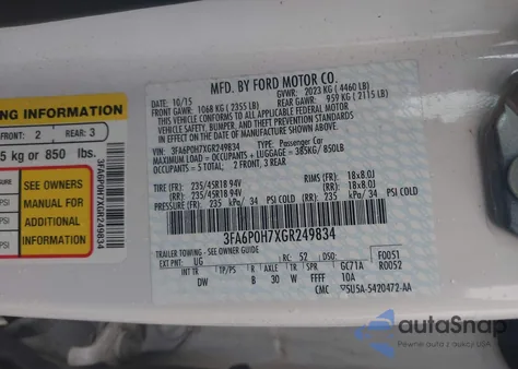 2016 Ford Fusion Se из США, поврежденный, VIN 3FA6P0H7XGR249834